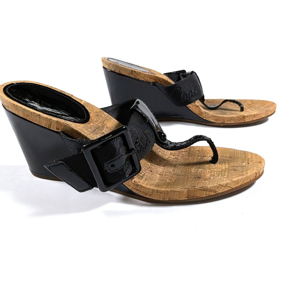 Coach Bernadette Black Patent Leather Cork‎ Wedge Thong Sandals Y2K Coastal 6.5B